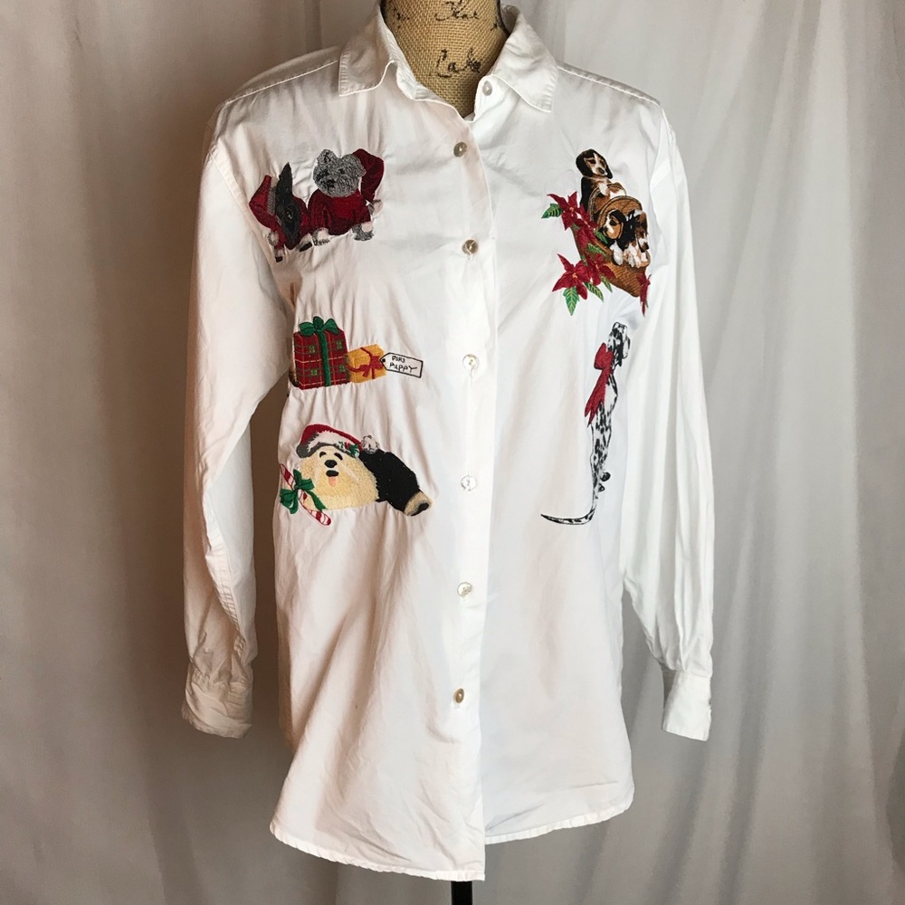 Vintage Cambridge Dry Goods Womens Size Small Christmas Blouse Shirt Top Dogs